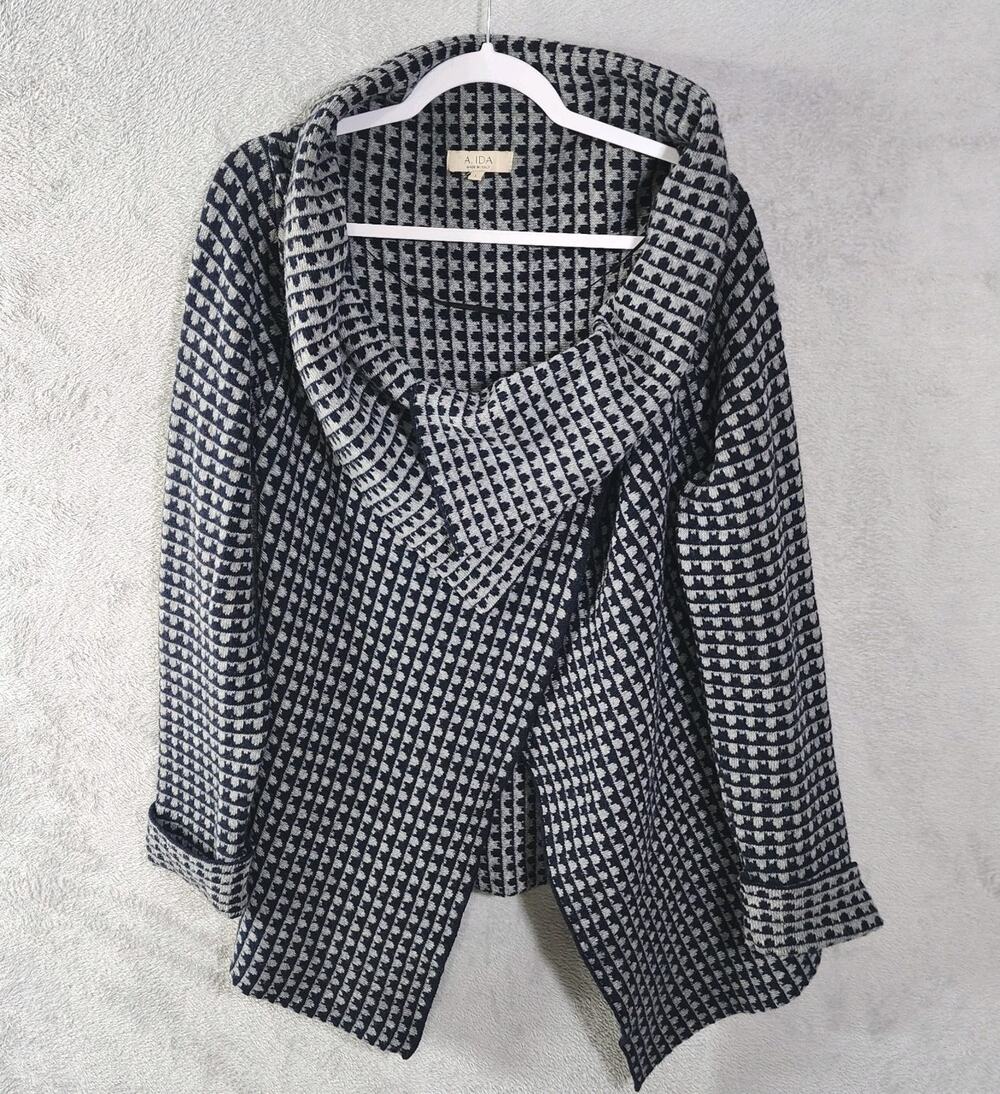A.IDA Italy Cardigan Wool Blend Single Button Shawl CollarBlue Grey Womens L